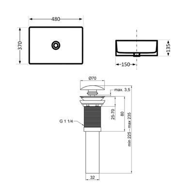 Комплект Qtap Tern: Раковина накладная прямоугольная 480х370х135 мм Matt Black + Донный клапан PU03