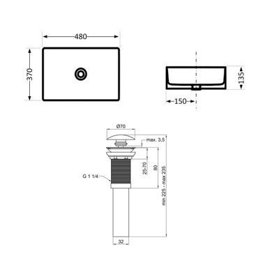 Комплект Qtap Tern: Раковина накладная прямоугольная 480х370х135 мм White + Донный клапан PU02