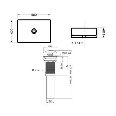 Комплект Qtap Tern: Раковина накладная прямоугольная 600x400x110 мм WHITE + Донный клапан PU02