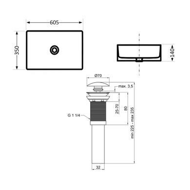 Комплект Qtap Tern: Раковина накладная прямоугольная 610x350x135 мм WHITE + Донный клапан PU02