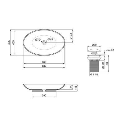 Комплект Qtap Dove: Раковина накладная овальная 680х420х120 мм White + Донный клапан PU02