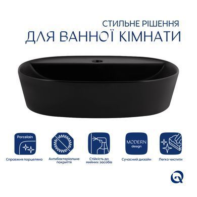 Комплект Qtap Scorpio: Раковина накладная овальная 500x380x120 мм Matt Black + Донный клапан PU03