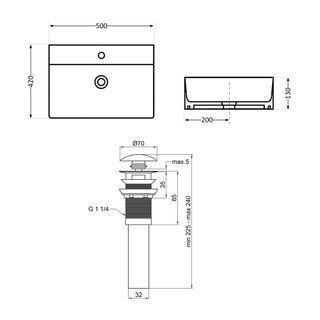 Комплект Qtap Nando LT: Раковина подвесная прямоугольная 500х420х130 мм Matt Black + Донный клапан PU03O