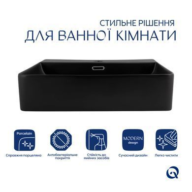 Комплект Qtap Nando LT: Раковина подвесная прямоугольная 500х420х130 мм Matt Black + Донный клапан PU03O