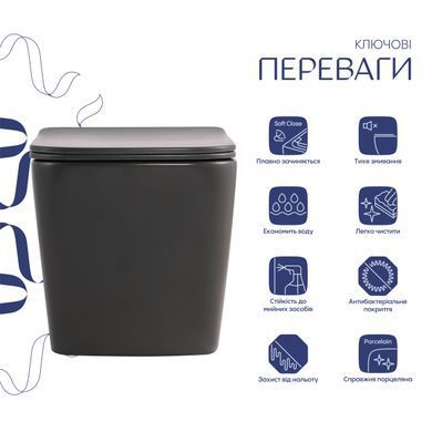 Унитаз подвесной Tern Ultra Quiet 490&times;365&times;325&nbsp;мм, Anthracite, с сиденьем Slim Duroplast / Soft-close / Quick Release QT17332303ASAN Qtap