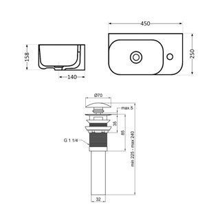 Комплект Qtap Tern: Раковина подвесная прямоугольная правая 450х250х158 мм White + Донный клапан PU02O