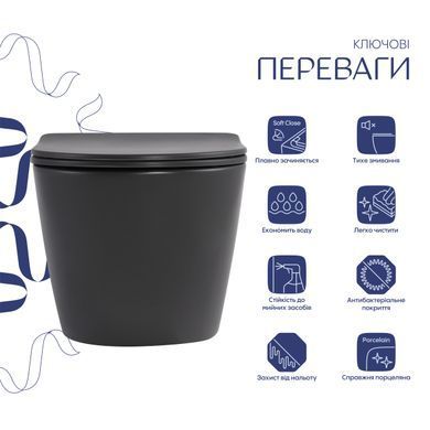 Унитаз подвесной Robin Ultra Quiet 490&times;365&times;325&nbsp;мм, Anthracite, с сиденьем Slim Duroplast / Soft-close / Quick Release QT13332381АSAN Qtap
