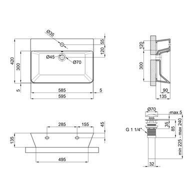Комплект Qtap Virgo: Раковина подвесная прямоугольная 600x420x140 мм White + Донный клапан PU02O