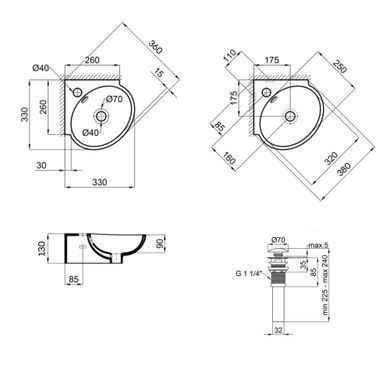 Комплект Qtap Leo N: Раковина подвесная угловая овальная 380x360x130 мм WHITE + Донный клапан PU02O