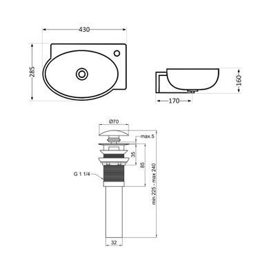 Комплект Qtap Leo: Раковина подвесная овальная правая 430x285x160 мм White + Донный клапан PU02O