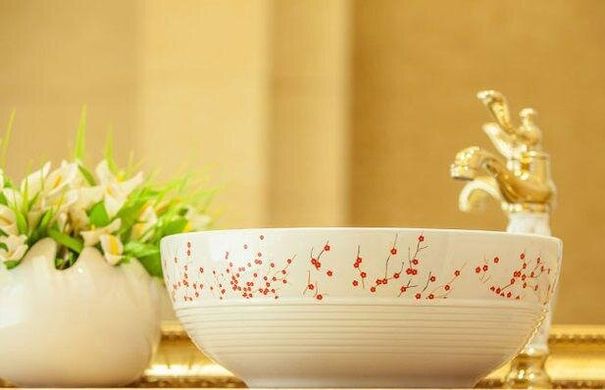 Раковина чаша накладная белая с цветами сакуры круглая Ametist 004