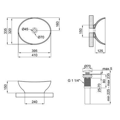 Раковина накладна овальна з донним клапаном 625x415x150 MATT BLACK DOVE